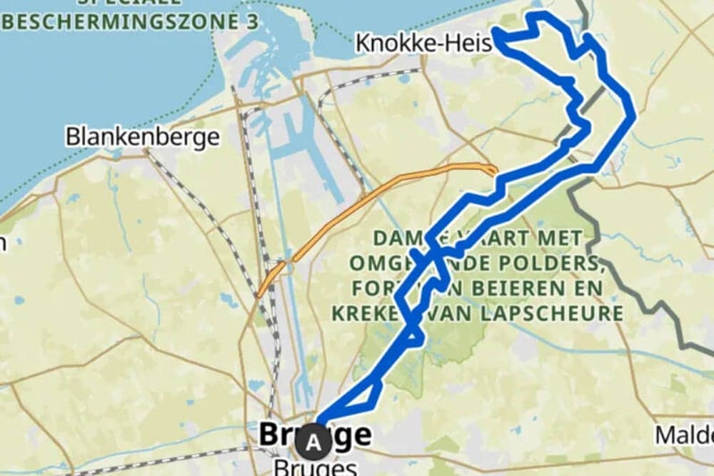 Karte der Route Verschwundene Zwin-Häfen, 58 km. Über Damme und Knokke-Heist.